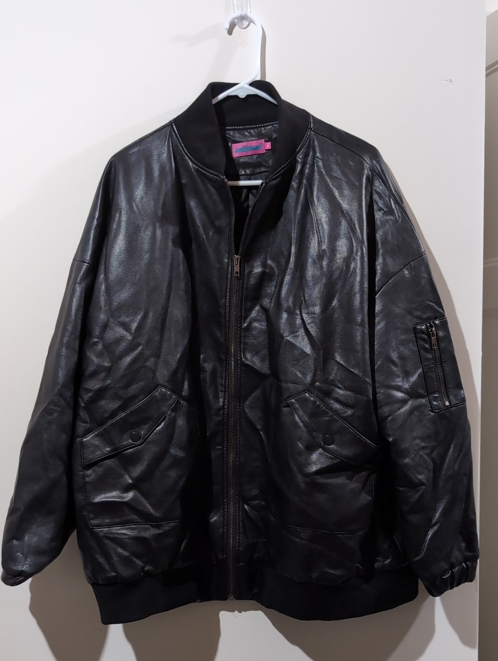 Woman's Black Faux Leather Bomber Jacket